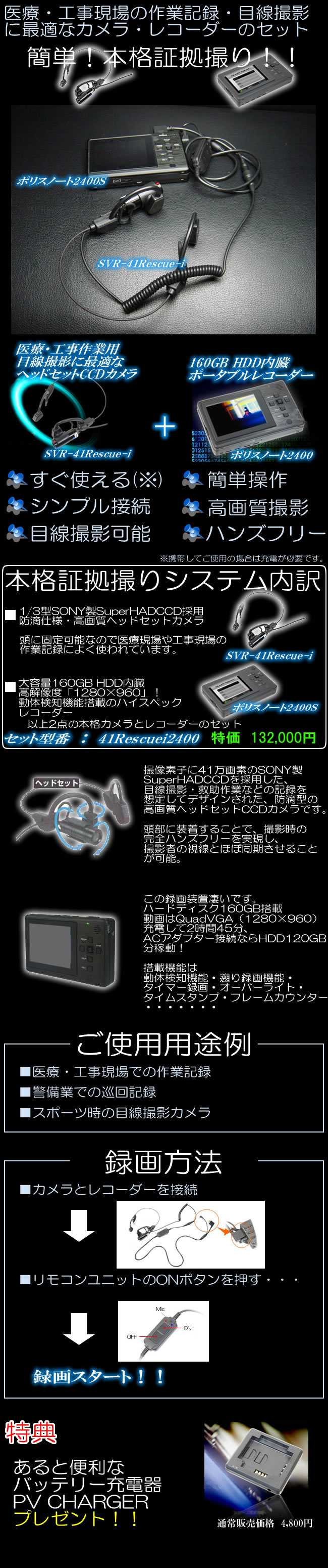 医療・工事現場の作業記録・目線撮影に最適な証拠撮影セット【41Rescuei2400】