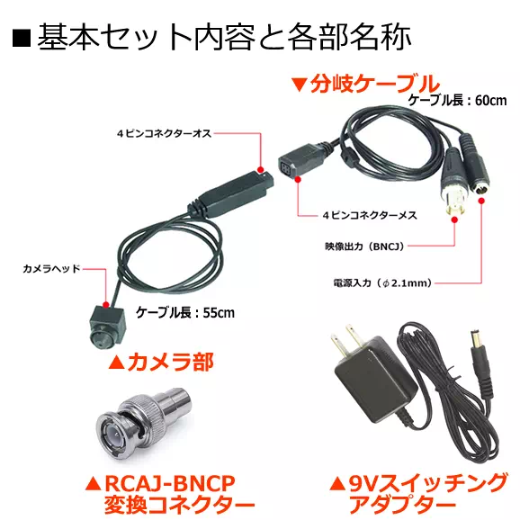 近接撮影対応の200万画素極細マイクロAHDカメラ【AHD-50C】セット内容と各部名称
