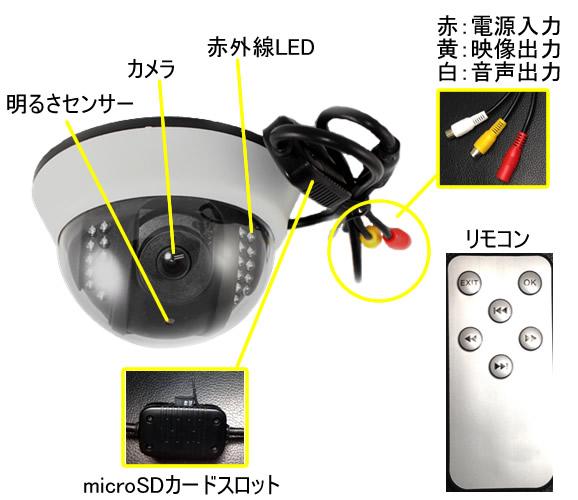 SDカード録画可能な昼夜兼用の屋内用ドーム型防犯カメラ/上書き機能有【CN-660C】各部名称