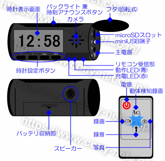 充電式で24時間駆動の目覚まし時計型スパイカメラ【CN-ALM24】各部名称