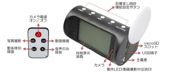 新目覚まし時計型小型ビデオカメラ！バッテリで高画質3時間連続録画の動体検知機能付！【CN-ALM45】各部名称