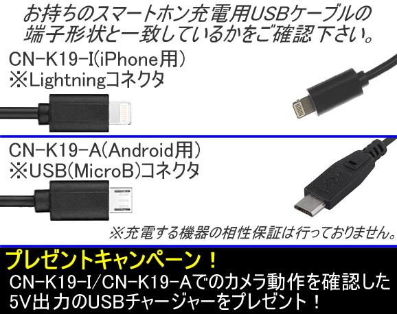 簡単挿すだけ・・スマホ充電用USBケーブル型ビデオカメラ　iPhone用/Android用　32GBメモリ内蔵【CN-K19】 端子