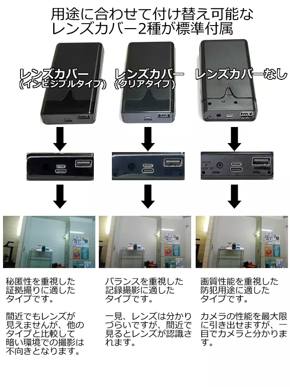 4K動画で12～16時間撮影できるモバイル充電器型スパイカメラ【CN-KS906】レンズカバー