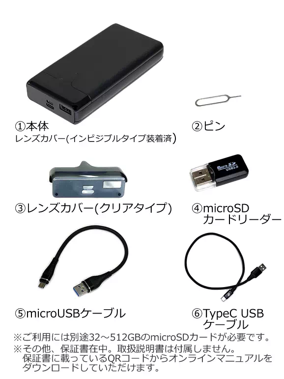 4K動画で12～16時間撮影できるモバイル充電器型スパイカメラ【CN-KS906】基本セット内容