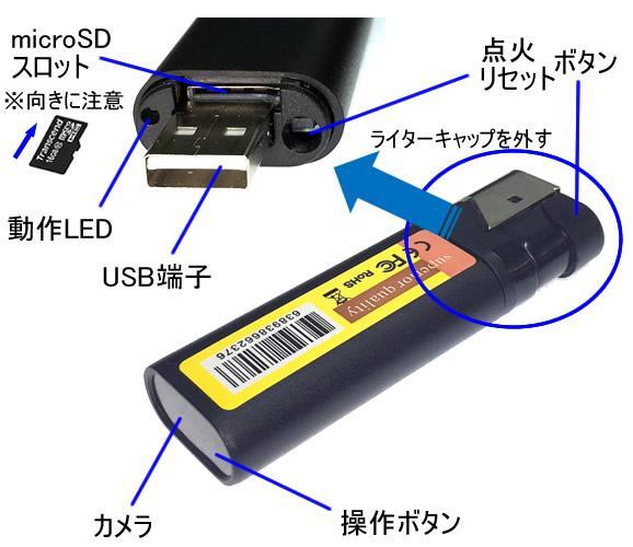 2way擬装式！USBメモリ型・百円ライター型小型高画質ビデオカメラ【CN-LT05U】各部名称