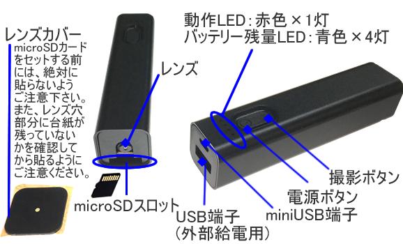 スマホ充電器型ビデオカメラ　スティックタイプで小型軽量なのに高画質【CN-MPS100】各部名称