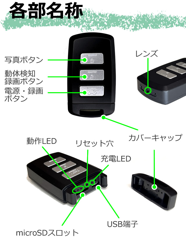 暗視補正機能付きフルHD録画対応キーレス型スパイカメラ【CN-P512】各部名称