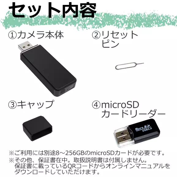 レンズが見えないUSBメモリ型スパイカメラ【CN-UMC1】基本セット内容