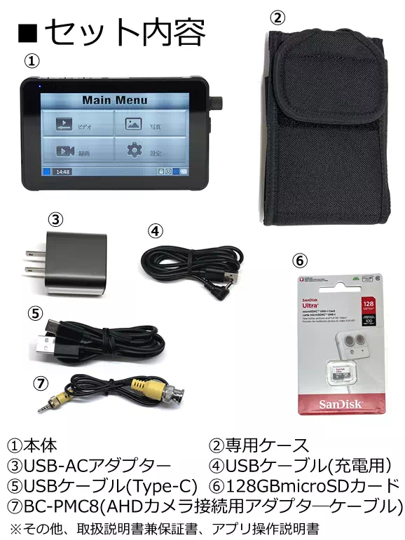 Wi-Fi機能搭載PMCカメラ/AHDカメラ対応特殊監視用レコ－ダ－【PMC-8】基本セット内容