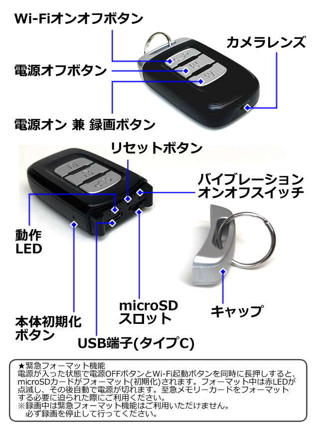 4K Ultra HD録画対応キーレス型スパイカメラ【UHD-300W】各部名称